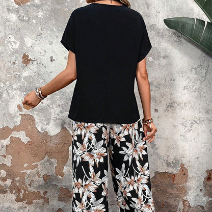 🏆SOLDES 50 % DE RÉDUCTION 🔥 Ensemble pour femme composé d'un pantalon large à imprimé floral et d'un haut à manches courtes