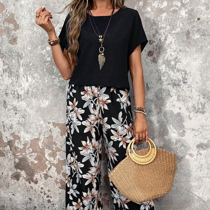 🏆SOLDES 50 % DE RÉDUCTION 🔥 Ensemble pour femme composé d'un pantalon large à imprimé floral et d'un haut à manches courtes