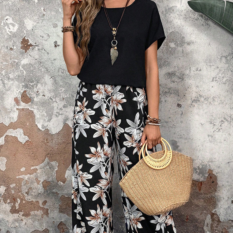🏆SOLDES 50 % DE RÉDUCTION 🔥 Ensemble pour femme composé d'un pantalon large à imprimé floral et d'un haut à manches courtes