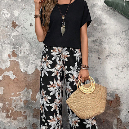 🏆SOLDES 50 % DE RÉDUCTION 🔥 Ensemble pour femme composé d'un pantalon large à imprimé floral et d'un haut à manches courtes