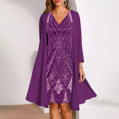 💃 Ensemble composé d'une veste longue transparente et d'une robe à col en V – Coupe flatteuse et tissu léger