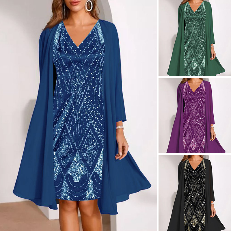 💃 Ensemble composé d'une veste longue transparente et d'une robe à col en V – Coupe flatteuse et tissu léger