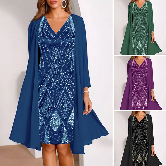 💃 Ensemble composé d'une veste longue transparente et d'une robe à col en V – Coupe flatteuse et tissu léger