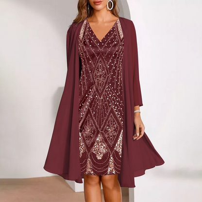 💃 Ensemble composé d'une veste longue transparente et d'une robe à col en V – Coupe flatteuse et tissu léger