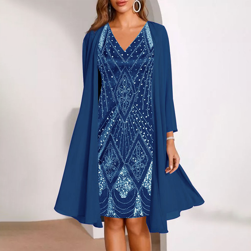 💃 Ensemble composé d'une veste longue transparente et d'une robe à col en V – Coupe flatteuse et tissu léger
