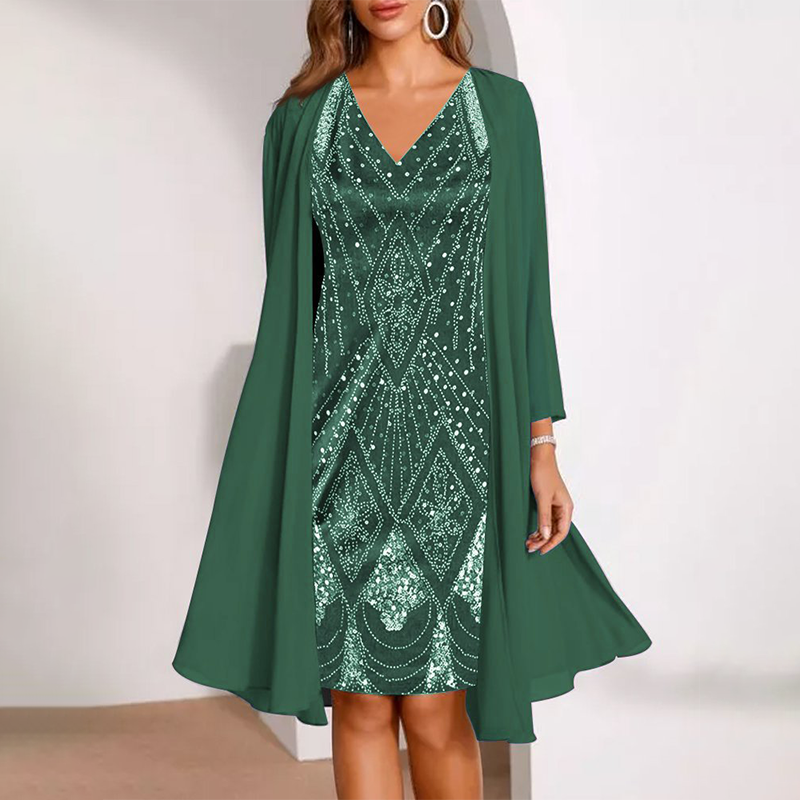 💃 Ensemble composé d'une veste longue transparente et d'une robe à col en V – Coupe flatteuse et tissu léger