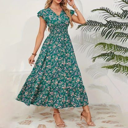 💃Soldes 2026 à durée limitée - 50 % DE RÉDUCTION☀️Robe longue fluide à fleurs et col en V