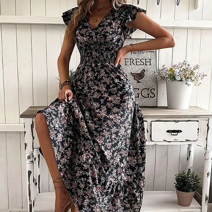 💃Soldes 2026 à durée limitée - 50 % DE RÉDUCTION☀️Robe longue fluide à fleurs et col en V