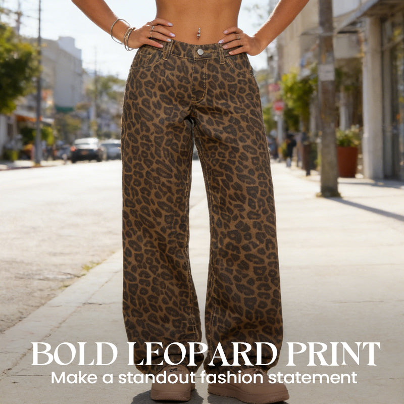 🐆 50 % DE RÉDUCTION EN CE MOMENT ! Jean femme taille haute à jambes larges – Imprimé léopard audacieux, coupe décontractée et design classique à 5 poches 👖✨