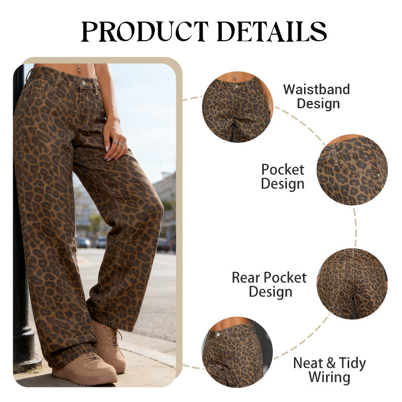 🐆 50 % DE RÉDUCTION EN CE MOMENT ! Jean femme taille haute à jambes larges – Imprimé léopard audacieux, coupe décontractée et design classique à 5 poches 👖✨