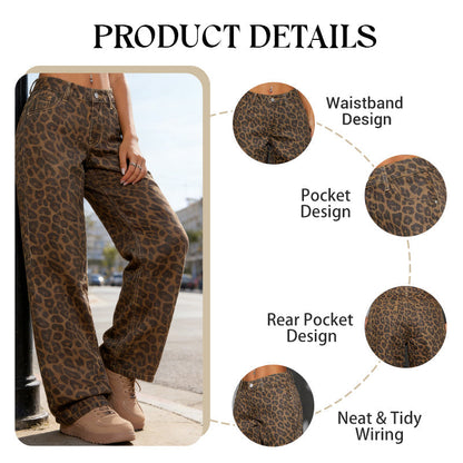 🐆 50 % DE RÉDUCTION EN CE MOMENT ! Jean femme taille haute à jambes larges – Imprimé léopard audacieux, coupe décontractée et design classique à 5 poches 👖✨