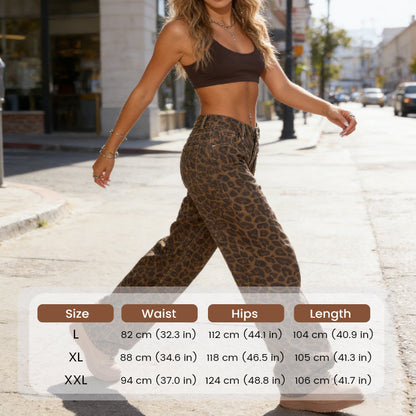 🐆 50 % DE RÉDUCTION EN CE MOMENT ! Jean femme taille haute à jambes larges – Imprimé léopard audacieux, coupe décontractée et design classique à 5 poches 👖✨