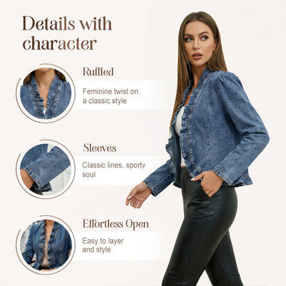 🧥 50 % DE RÉDUCTION !! 🌸 Veste en jean pour femme à volants et devant ouvert – Légère et féminine – Polyvalente et chic 👗