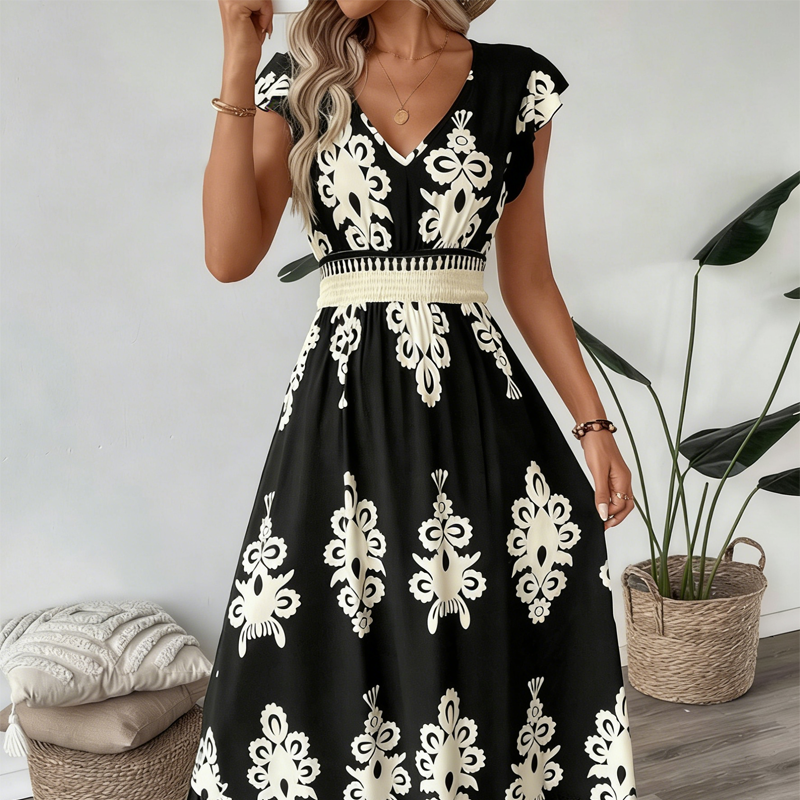 🎑👗 PROMO FLASH 50% ! Robe Longue Femme Imprimé Baroque – Col en V, Taille Haute, Tissu Fluide, 5 Couleurs, Style Bohème Chic 🌸