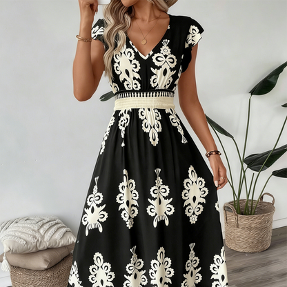 🎑👗 PROMO FLASH 50% ! Robe Longue Femme Imprimé Baroque – Col en V, Taille Haute, Tissu Fluide, 5 Couleurs, Style Bohème Chic 🌸