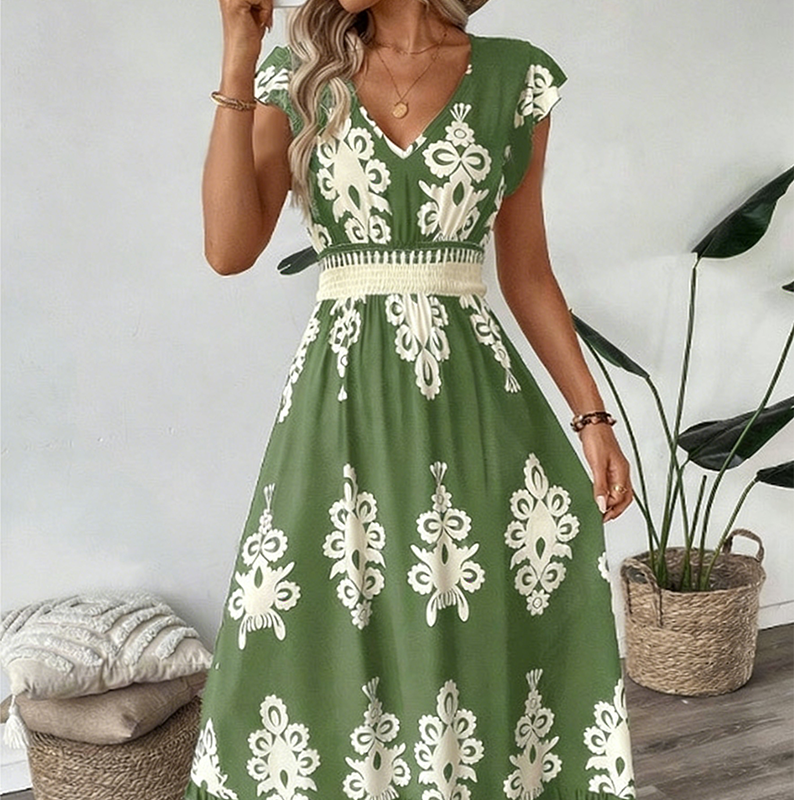 🎑👗 PROMO FLASH 50% ! Robe Longue Femme Imprimé Baroque – Col en V, Taille Haute, Tissu Fluide, 5 Couleurs, Style Bohème Chic 🌸