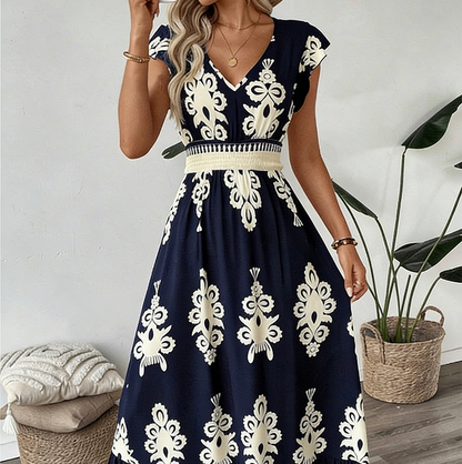 🎑👗 PROMO FLASH 50% ! Robe Longue Femme Imprimé Baroque – Col en V, Taille Haute, Tissu Fluide, 5 Couleurs, Style Bohème Chic 🌸