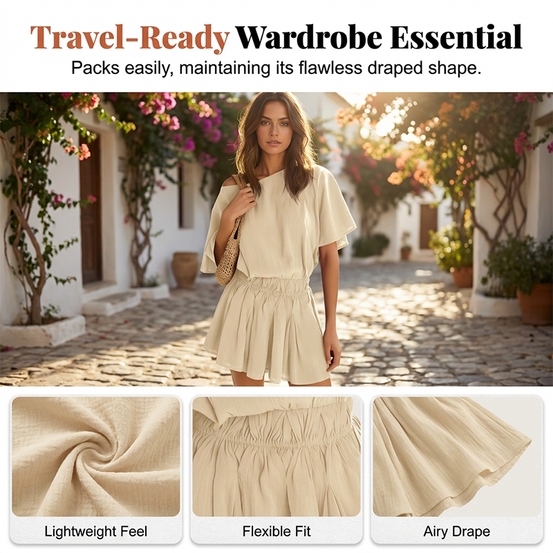 Robe-jupe courte décontractée pour femme, à manches courtes, taille élastiquée, coupe ample et fluide