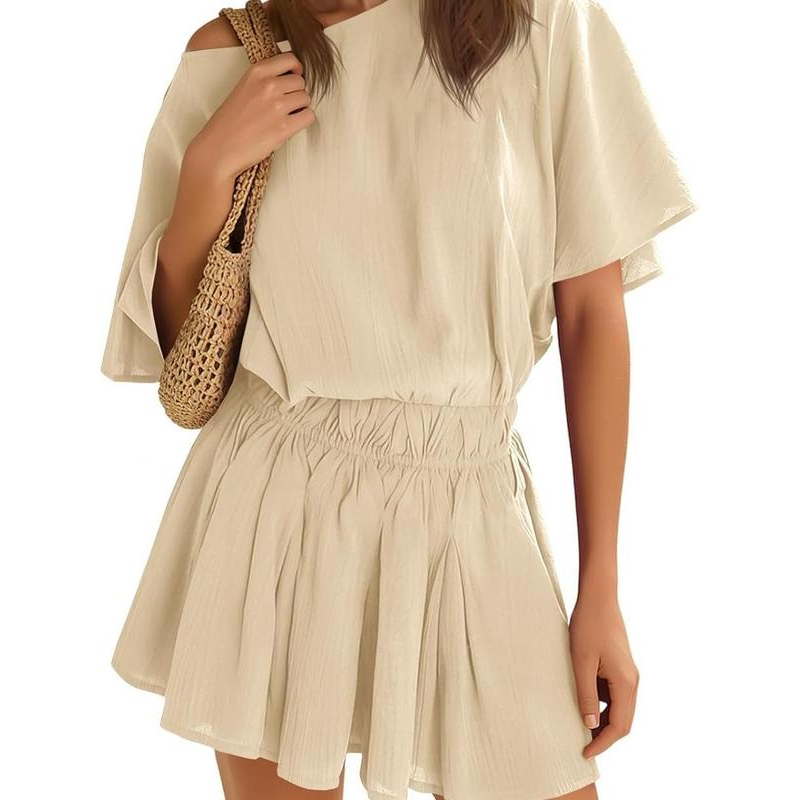 Robe-jupe courte décontractée pour femme, à manches courtes, taille élastiquée, coupe ample et fluide