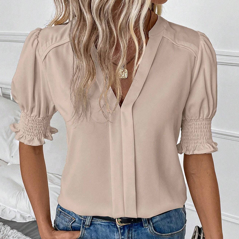 Blouse élégante à col en V avec manches bouffantes pour femme