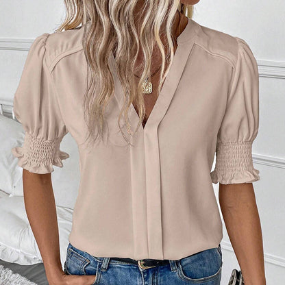 Blouse élégante à col en V avec manches bouffantes pour femme