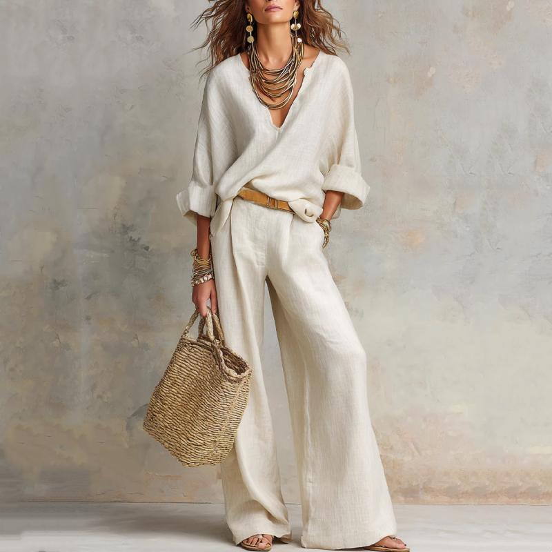 Ensemble 2 pièces pour femme : haut à col en V et pantalon à jambes larges