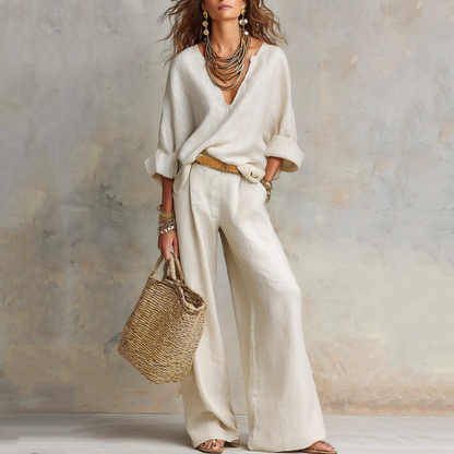 Ensemble 2 pièces pour femme : haut à col en V et pantalon à jambes larges