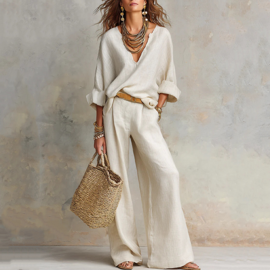 Ensemble 2 pièces pour femme : haut à col en V et pantalon à jambes larges