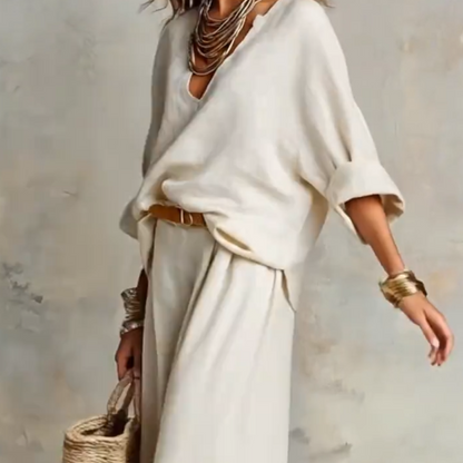 Ensemble 2 pièces pour femme : haut à col en V et pantalon à jambes larges
