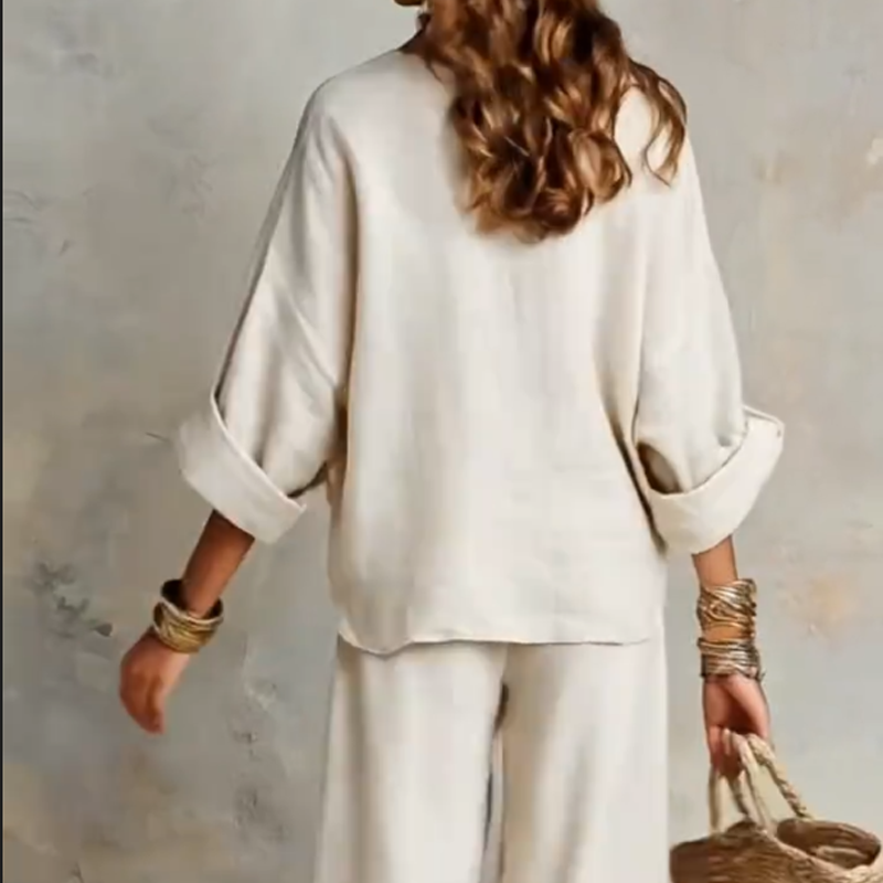 Ensemble 2 pièces pour femme : haut à col en V et pantalon à jambes larges