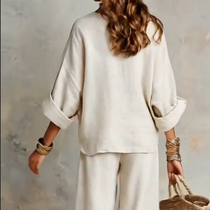 Ensemble 2 pièces pour femme : haut à col en V et pantalon à jambes larges