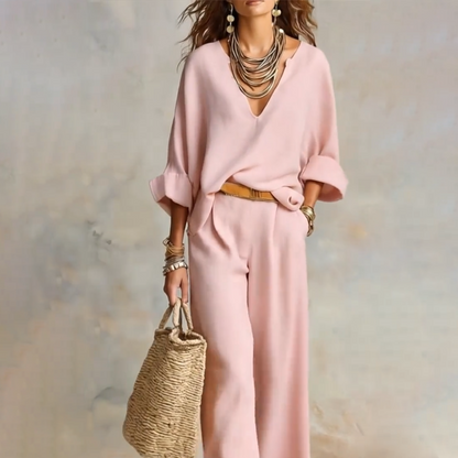 Ensemble 2 pièces pour femme : haut à col en V et pantalon à jambes larges
