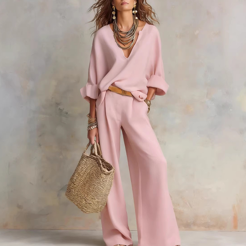 Ensemble 2 pièces pour femme : haut à col en V et pantalon à jambes larges