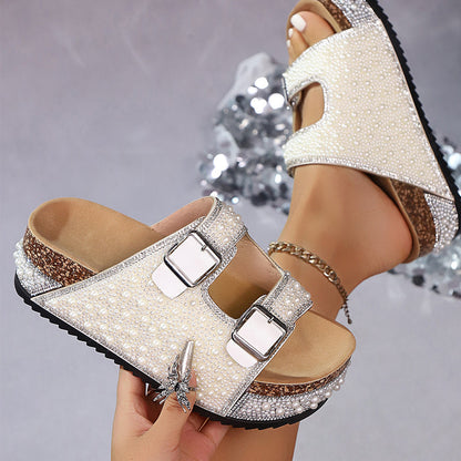 ⭐ PROMO LIMITÉE 50% DE RÉDUCTION ! ✨ Mules Scintillantes – Plate-forme Liège, Semelle Ergonomique, Perles & Strass 👡