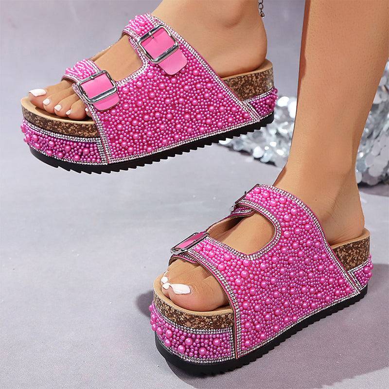 ⭐ PROMO LIMITÉE 50% DE RÉDUCTION ! ✨ Mules Scintillantes – Plate-forme Liège, Semelle Ergonomique, Perles & Strass 👡