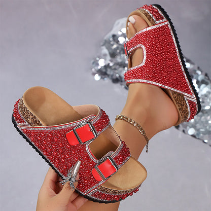 ⭐ PROMO LIMITÉE 50% DE RÉDUCTION ! ✨ Mules Scintillantes – Plate-forme Liège, Semelle Ergonomique, Perles & Strass 👡