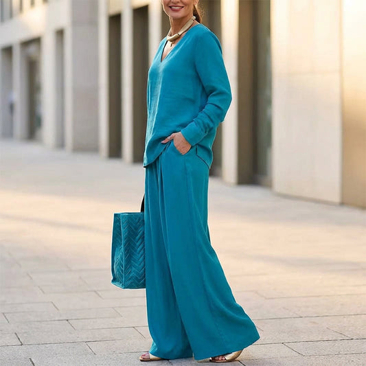 Ensemble d’intérieur décontracté 2 pièces pour femme : haut à col en V et pantalon