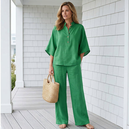 📢⏰👕 PROMO -50% ! Ensemble Femme – Haut Col Montant & Pantalon Large, Tissu Fluide, Style Décontracté Élégant (Multi-Couleurs)