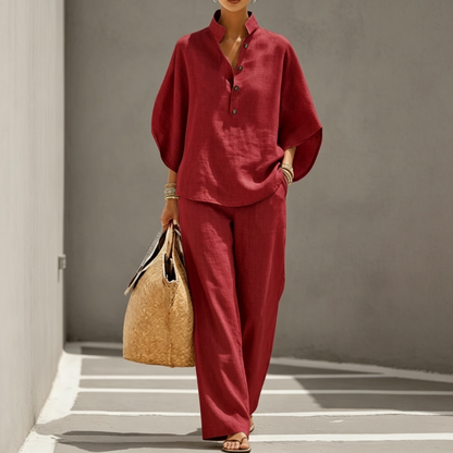 📢⏰👕 PROMO -50% ! Ensemble Femme – Haut Col Montant & Pantalon Large, Tissu Fluide, Style Décontracté Élégant (Multi-Couleurs)