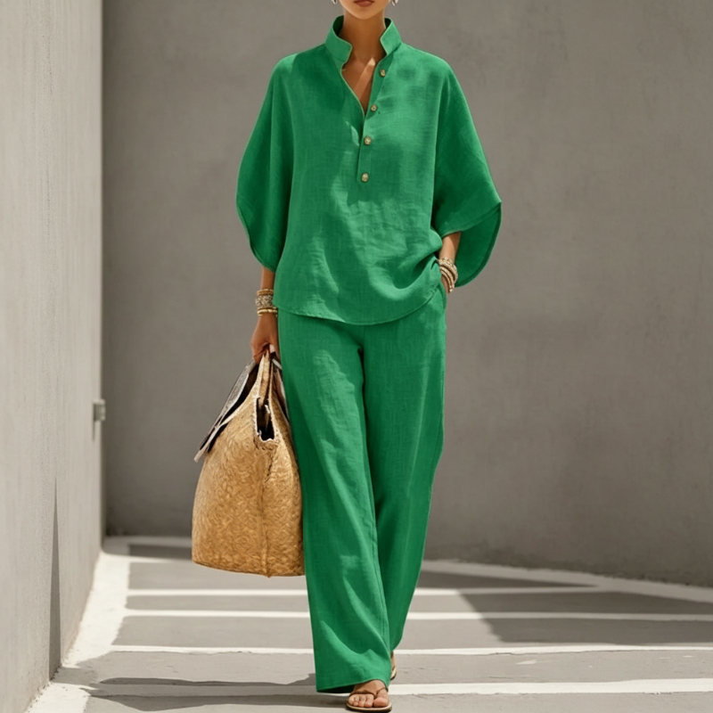 📢⏰👕 PROMO -50% ! Ensemble Femme – Haut Col Montant & Pantalon Large, Tissu Fluide, Style Décontracté Élégant (Multi-Couleurs)