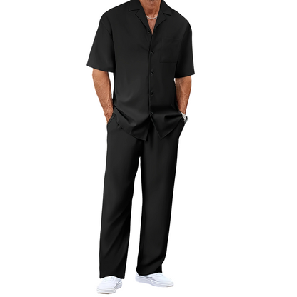 👔 PROMO LIMITÉE 50% DE RÉDUCTION ! ✨ Ensemble Décontracté Homme – Chemise Col Cubain & Pantalon Ample ✨