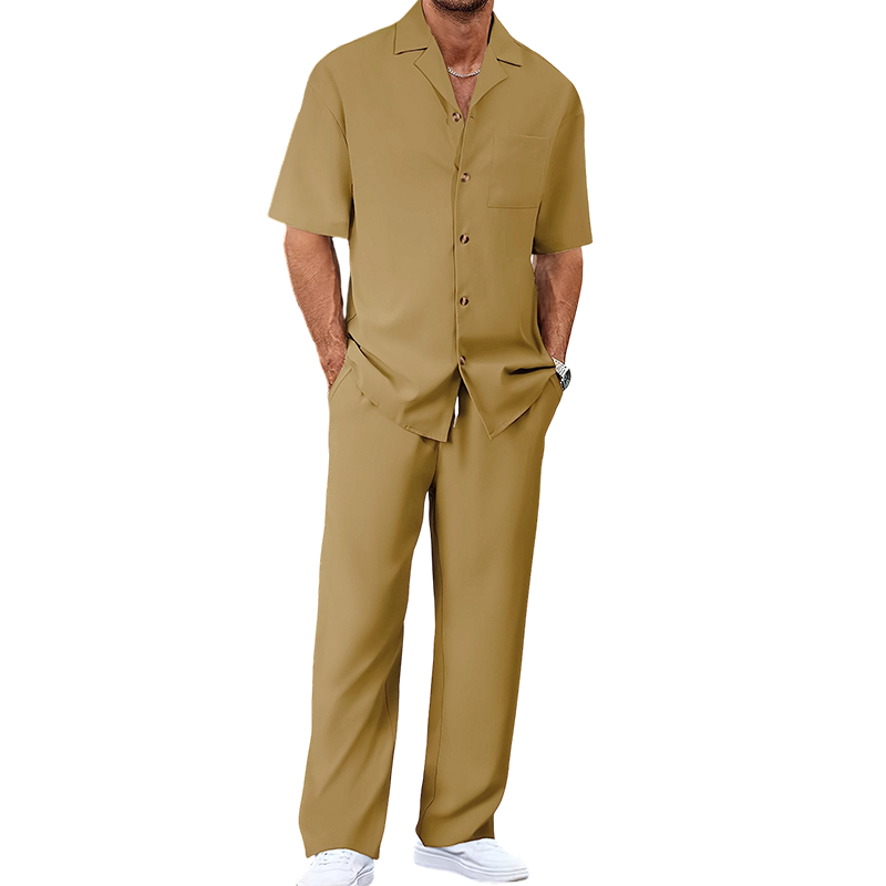 👔 PROMO LIMITÉE 50% DE RÉDUCTION ! ✨ Ensemble Décontracté Homme – Chemise Col Cubain & Pantalon Ample ✨