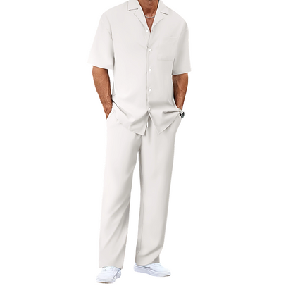 👔 PROMO LIMITÉE 50% DE RÉDUCTION ! ✨ Ensemble Décontracté Homme – Chemise Col Cubain & Pantalon Ample ✨
