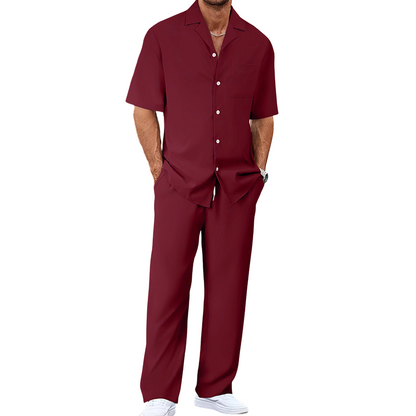 👔 PROMO LIMITÉE 50% DE RÉDUCTION ! ✨ Ensemble Décontracté Homme – Chemise Col Cubain & Pantalon Ample ✨