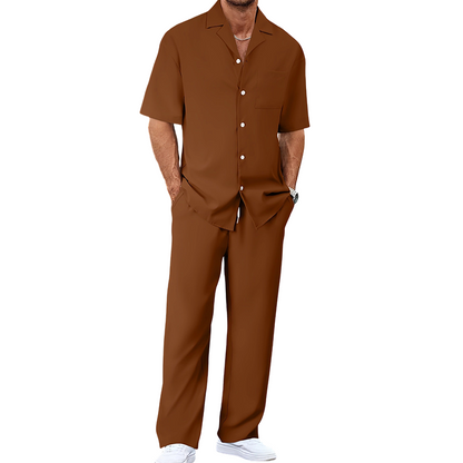 👔 PROMO LIMITÉE 50% DE RÉDUCTION ! ✨ Ensemble Décontracté Homme – Chemise Col Cubain & Pantalon Ample ✨