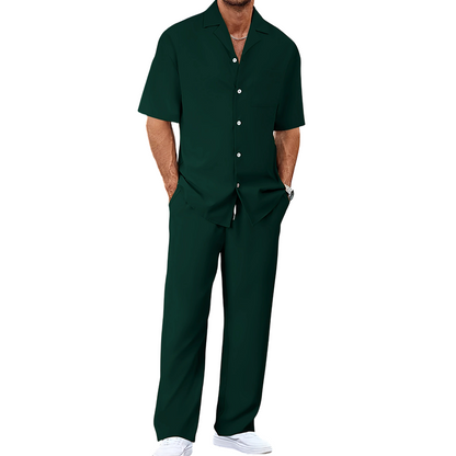 👔 PROMO LIMITÉE 50% DE RÉDUCTION ! ✨ Ensemble Décontracté Homme – Chemise Col Cubain & Pantalon Ample ✨