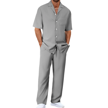 👔 PROMO LIMITÉE 50% DE RÉDUCTION ! ✨ Ensemble Décontracté Homme – Chemise Col Cubain & Pantalon Ample ✨