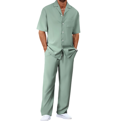 👔 PROMO LIMITÉE 50% DE RÉDUCTION ! ✨ Ensemble Décontracté Homme – Chemise Col Cubain & Pantalon Ample ✨