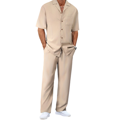 👔 PROMO LIMITÉE 50% DE RÉDUCTION ! ✨ Ensemble Décontracté Homme – Chemise Col Cubain & Pantalon Ample ✨