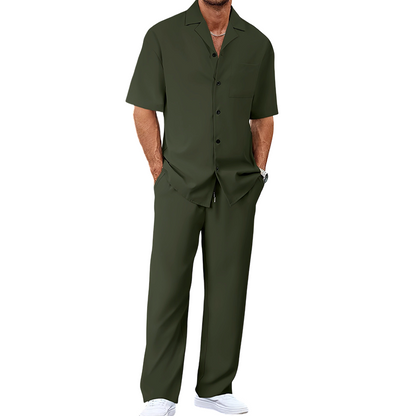 👔 PROMO LIMITÉE 50% DE RÉDUCTION ! ✨ Ensemble Décontracté Homme – Chemise Col Cubain & Pantalon Ample ✨